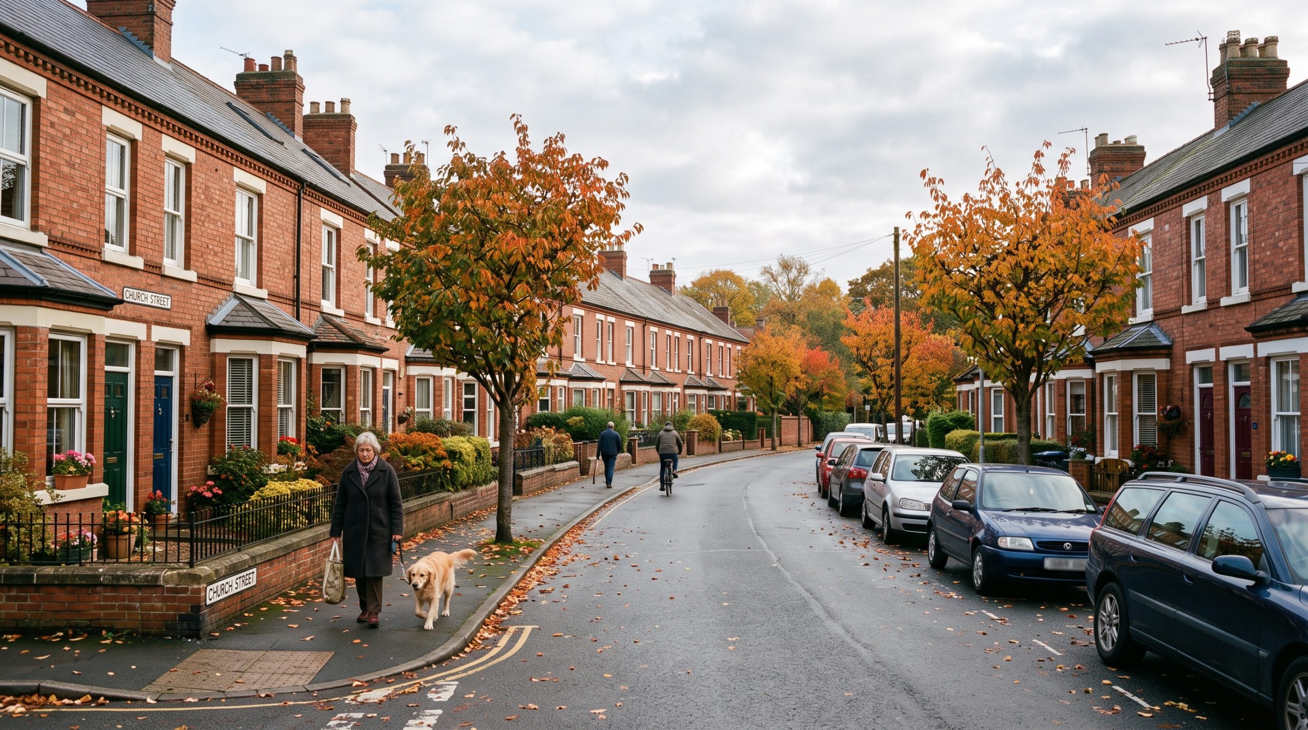 A traditional UK residential street on an autumn morning